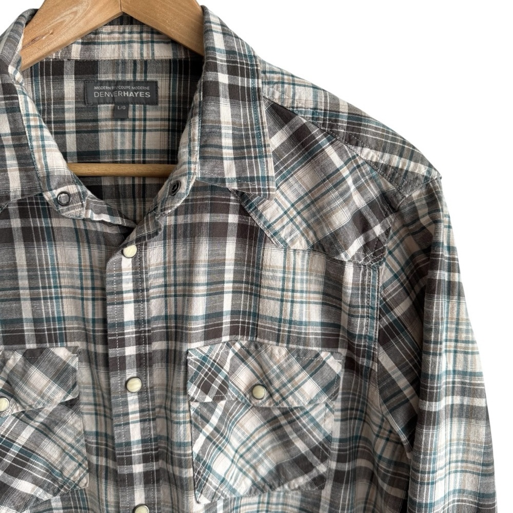Denver Hayes Plaid Pearl Snap Shirt Mens L Brown Blue Western Rodeo Long Sleeve